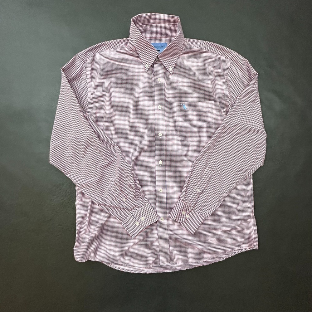 Local Boy Outfitters Dress Shirt Mens Large Red Blue Bamboo Blend Southern Prep